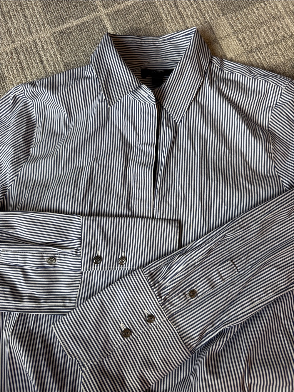 J. Crew navy and White Narrow-Stripe Dress Shirt with grosgrain trim